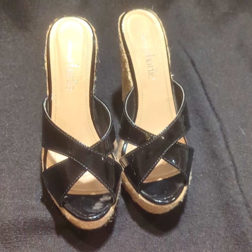 Charming Charlie "Ronat-13" Black Patent Leather Espadrilles Wedge Heel Size 8